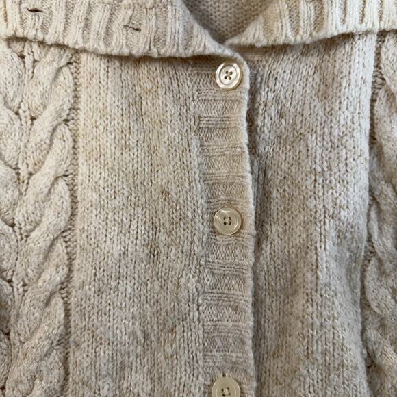 LL Bean L Large Cardigan Sweater Ivory Wool Blend Fisherman Cable Knit Grandma - Picture 3 of 10